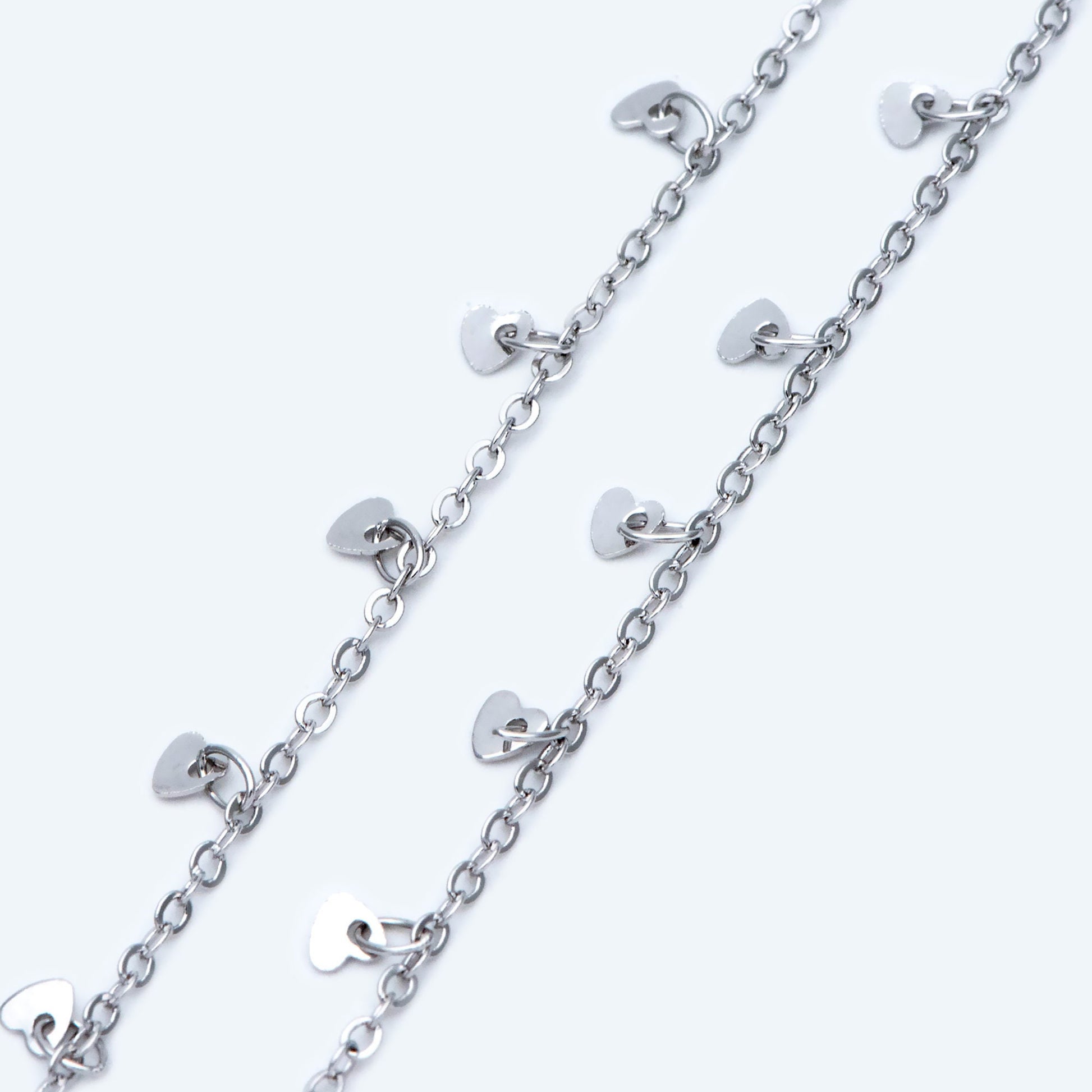 Silver tone Cable Chain with Dangling Heart Disc Charms, Rhodium plated Brass, Quality Heart Chain for Necklace (#LK-459-2)/ 1 Meter=3.3ft