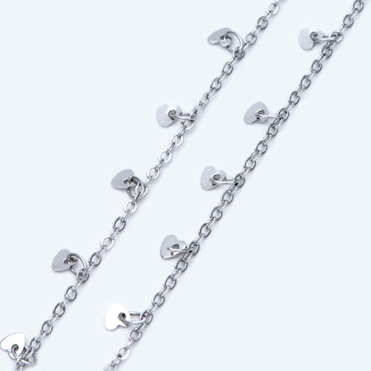 Silver tone Cable Chain with Dangling Heart Disc Charms, Rhodium plated Brass, Quality Heart Chain for Necklace (#LK-459-2)/ 1 Meter=3.3ft