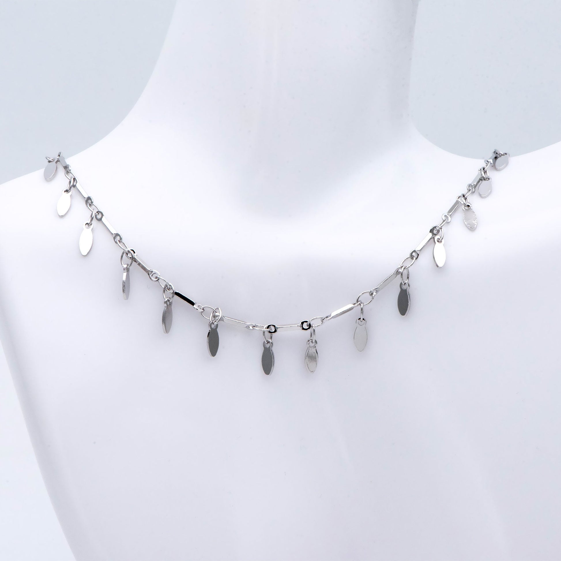 Silver Bar Chain with Dangling Oval Disc Charms, Rhodium plated Brass, Leaf Chain for Necklace Wholesale (#LK-460-2)/ 1 Meter=3.3ft