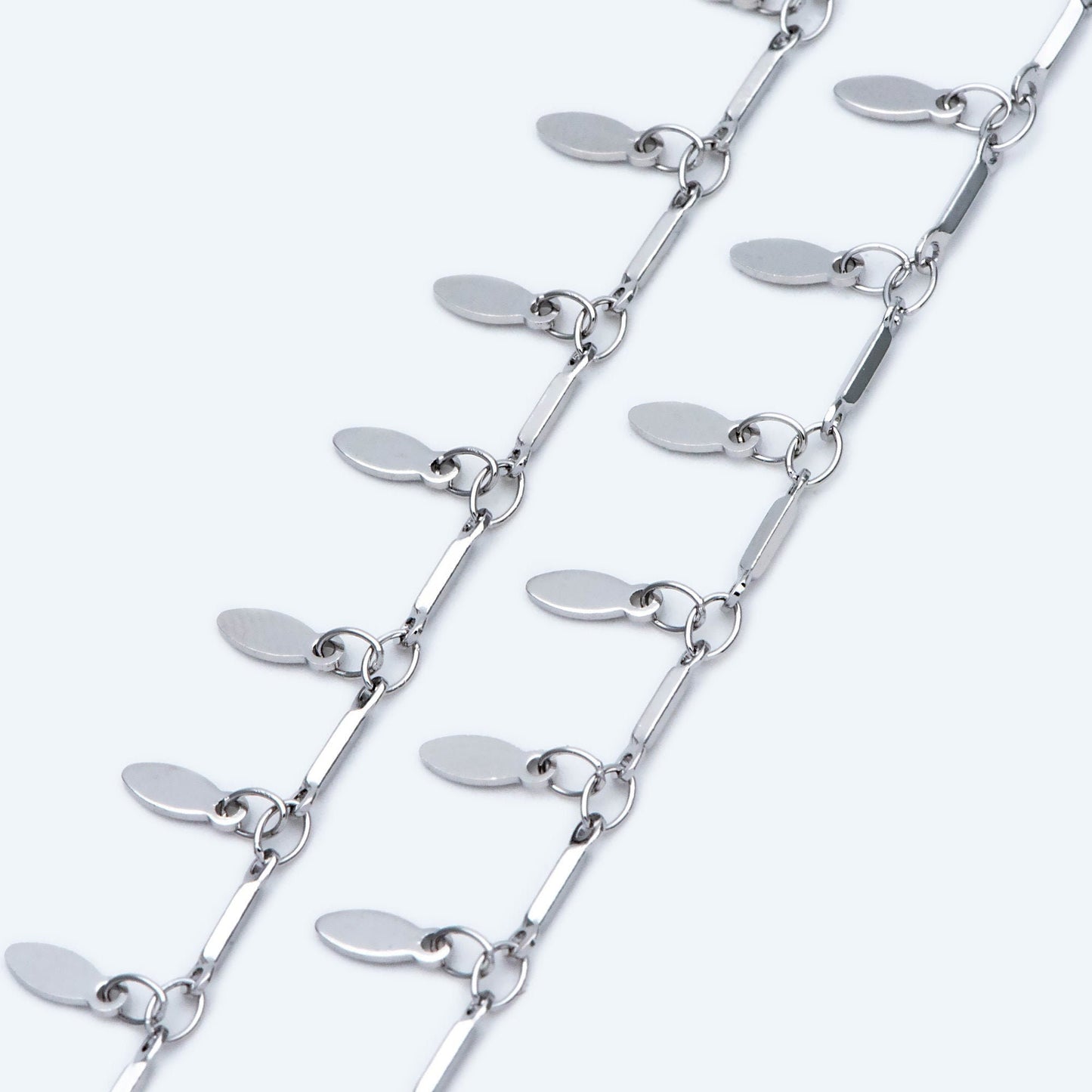 Silver Bar Chain with Dangling Oval Disc Charms, Rhodium plated Brass, Leaf Chain for Necklace Wholesale (#LK-460-2)/ 1 Meter=3.3ft