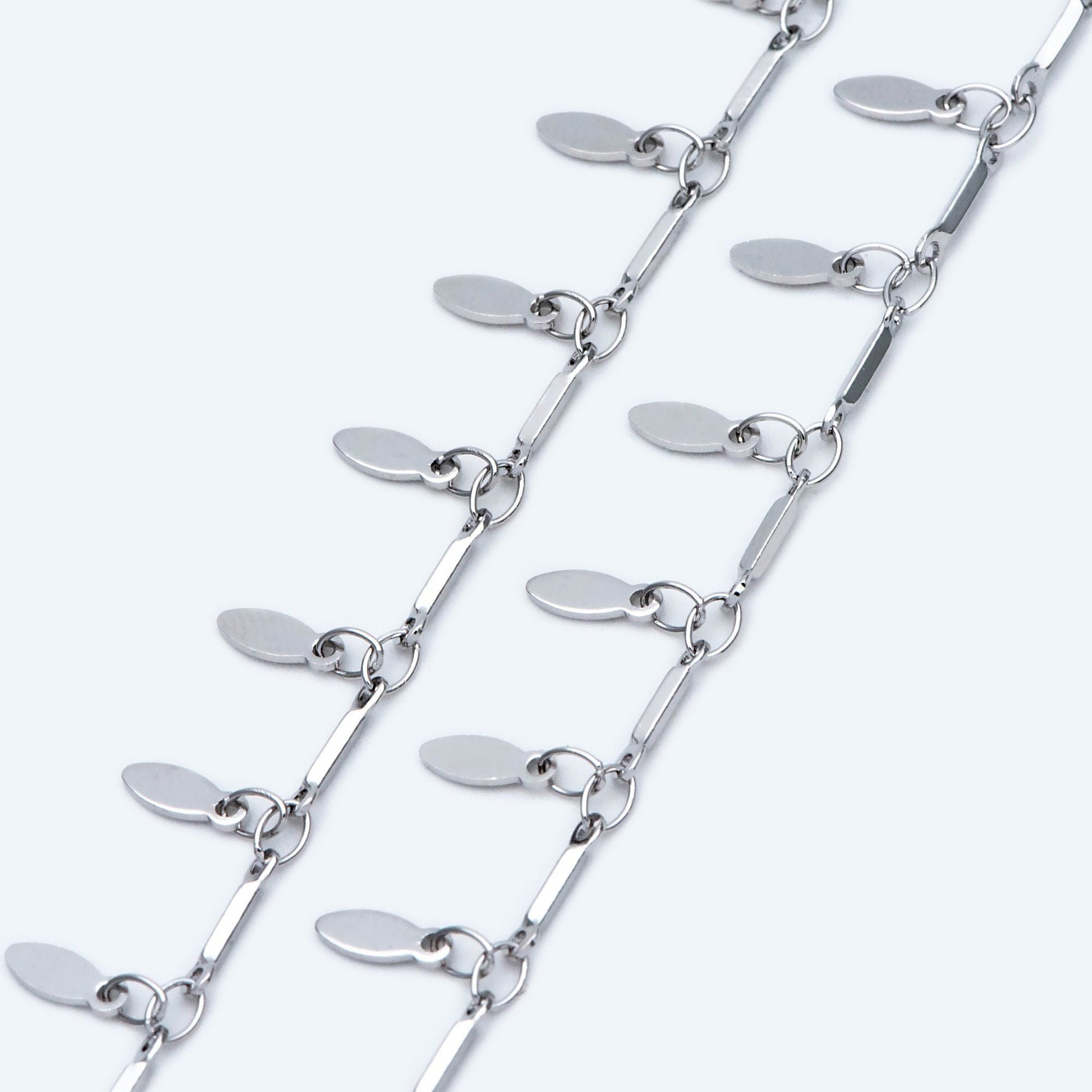 Silver Bar Chain with Dangling Oval Disc Charms, Rhodium plated Brass, Leaf Chain for Necklace Wholesale (#LK-460-2)/ 1 Meter=3.3ft