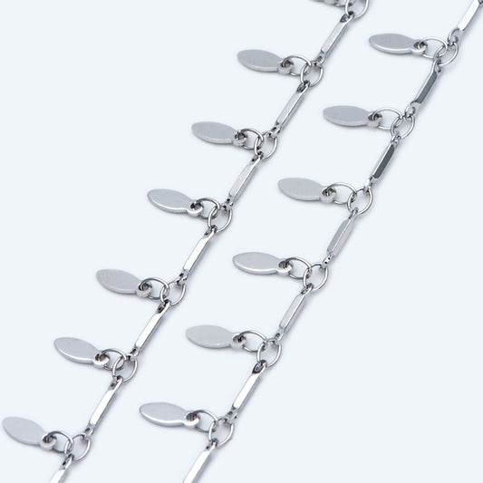 Silver Bar Chain with Dangling Oval Disc Charms, Rhodium plated Brass, Leaf Chain for Necklace Wholesale (#LK-460-2)/ 1 Meter=3.3ft