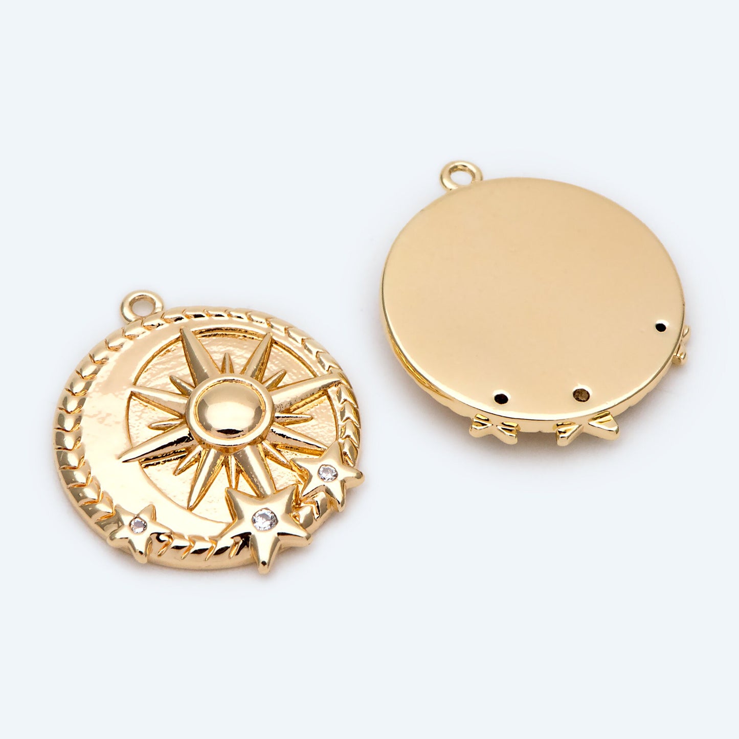 4pcs Gold Sun and Star Charms 20x17mm, 18K Gold plated Brass, CZ pave Sun Disc Pendants (GB-1232-H)
