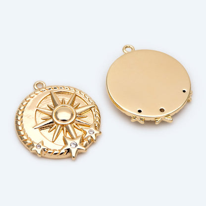 4pcs Gold Sun and Star Charms 20x17mm, 18K Gold plated Brass, CZ pave Sun Disc Pendants (GB-1232-H)