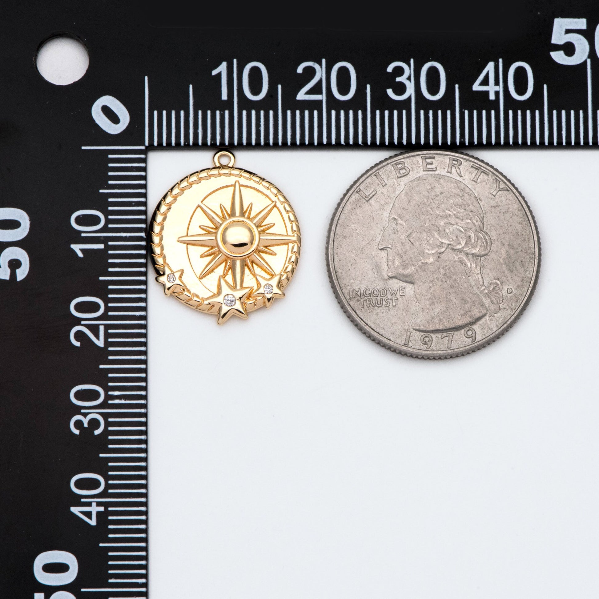 4pcs Gold Sun and Star Charms 20x17mm, 18K Gold plated Brass, CZ pave Sun Disc Pendants (GB-1232-H)