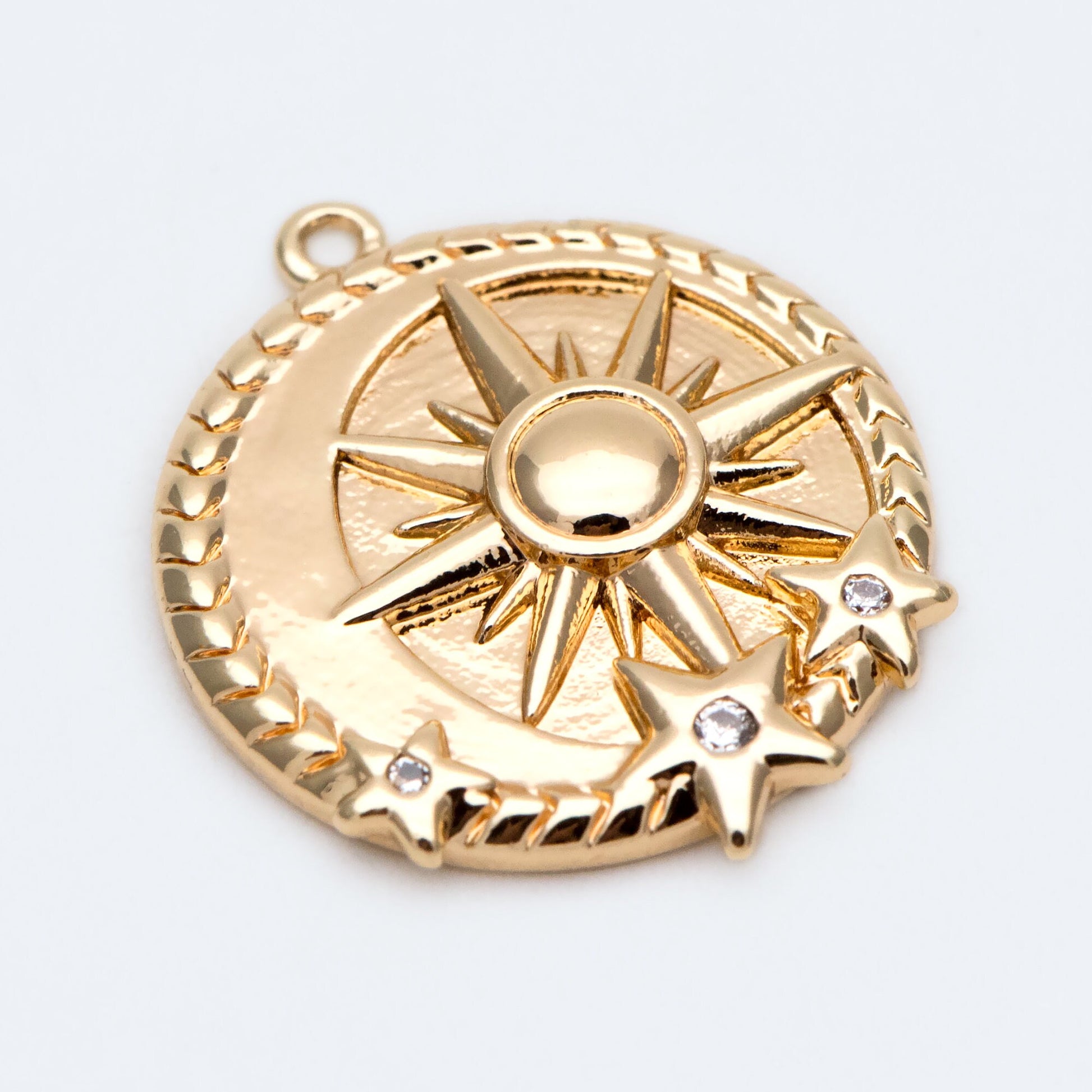 4pcs Gold Sun and Star Charms 20x17mm, 18K Gold plated Brass, CZ pave Sun Disc Pendants (GB-1232-H)
