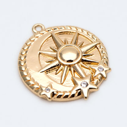 4pcs Gold Sun and Star Charms 20x17mm, 18K Gold plated Brass, CZ pave Sun Disc Pendants (GB-1232-H)