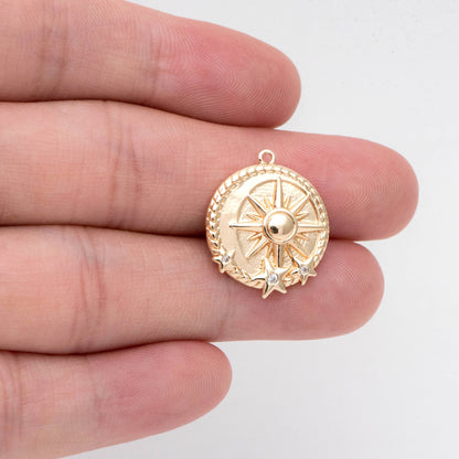 4pcs Gold Sun and Star Charms 20x17mm, 18K Gold plated Brass, CZ pave Sun Disc Pendants (GB-1232-H)