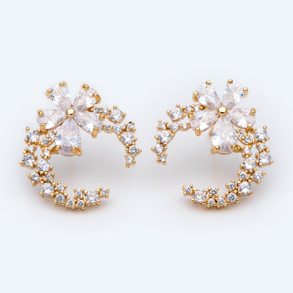 4pcs CZ Pave Garland Ear Posts, 18K Gold plated Brass, Flower Circle Stud Earrings (#GB-2130)