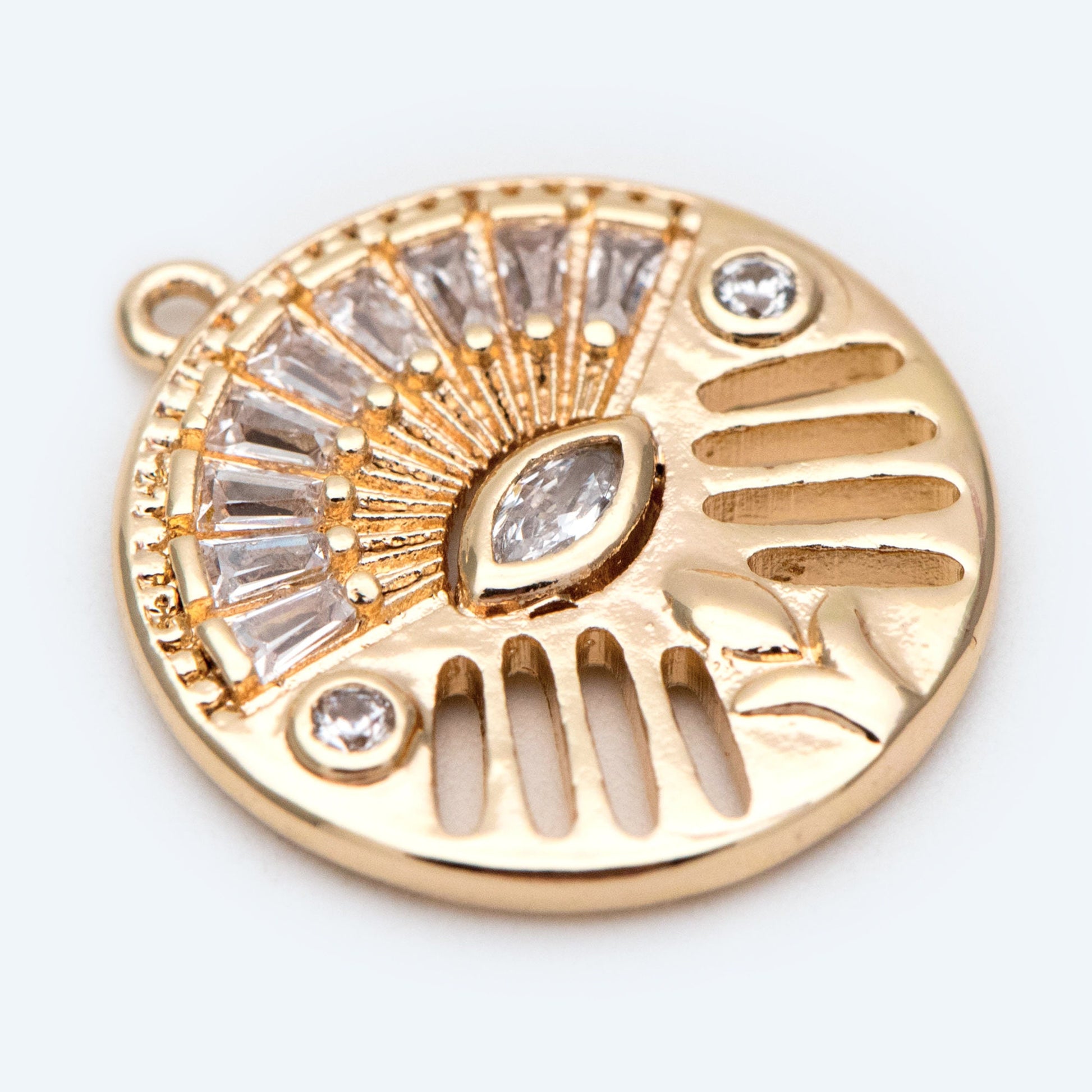 4pcs Evil Eye Pendant, CZ Pave Gold Disc Medallion Greek Eye Charm for Strength and Protection Jewelry Component (GB-1527-F)