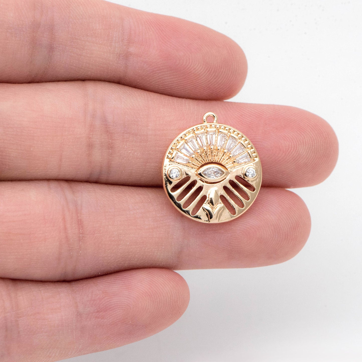 4pcs Evil Eye Pendant, CZ Pave Gold Disc Medallion Greek Eye Charm for Strength and Protection Jewelry Component (GB-1527-F)