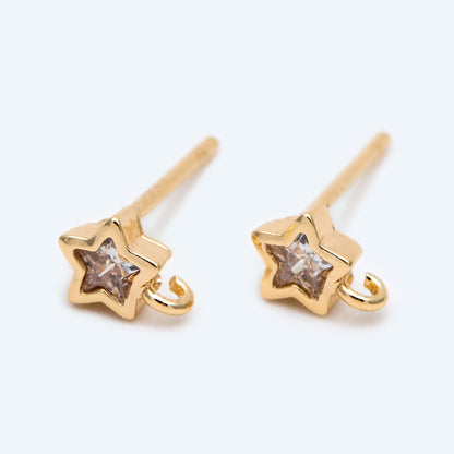 10pcs CZ Pave Star Ear Posts, Gold Plated Brass Stud Earrings, Jewelry Findings, Wholesale Supplies (GB-2143)