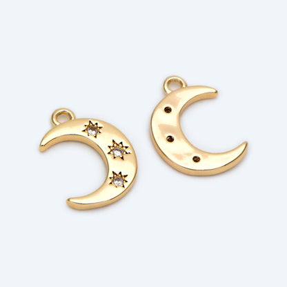 10pcs CZ paved Gold Moon Star Charms 14x10mm, 18K Gold plated Brass Moon Pendants (GB-618-H)