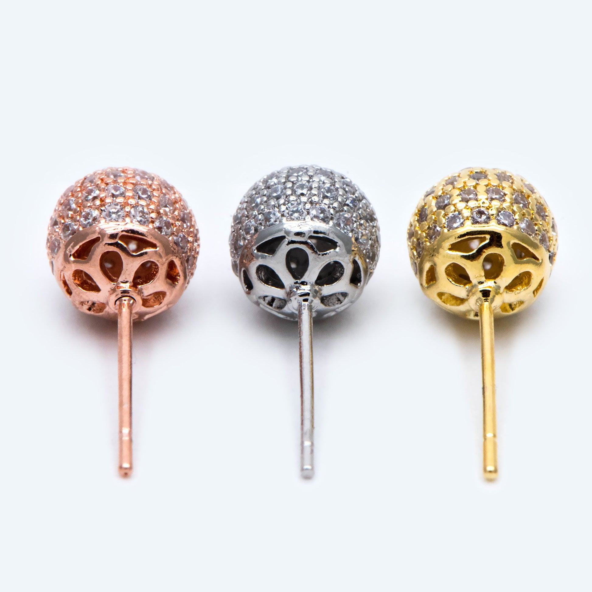 4pcs Ball Stud Earrings 8mm, Gold/ Silver/ Rose Gold, CZ pave Round Earrings (GB-2149)