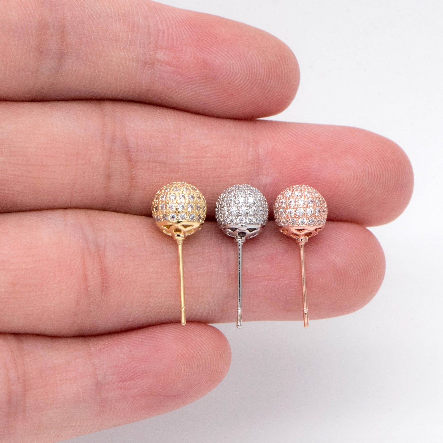 4pcs Ball Stud Earrings 8mm, Gold/ Silver/ Rose Gold, CZ pave Round Earrings (GB-2149)