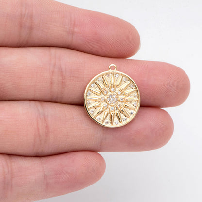 4pcs Gold Sun Disk Charms 20x18mm, 18K Gold plated Brass, CZ pave Sun Disc Pendants (GB-1232-L)