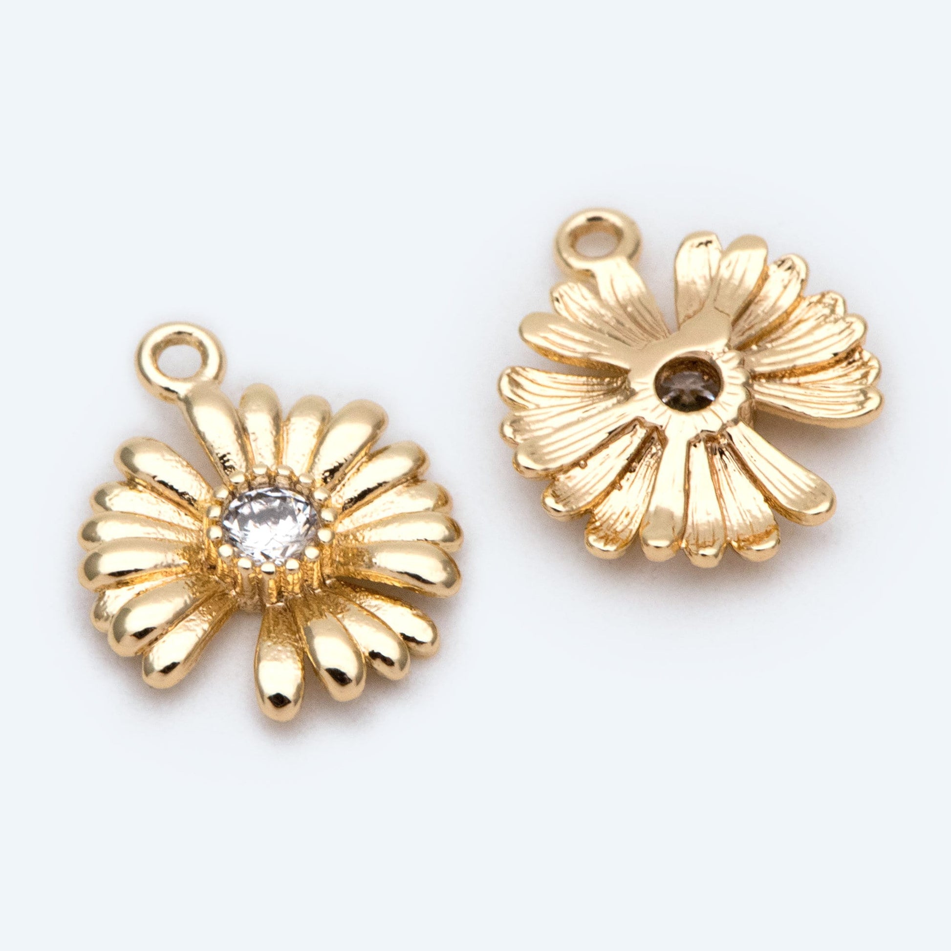 4pcs Gold CZ Pave Daisy Charms 12x10mm, 18K Real Gold plated Brass, Flower Pendants (GB-321-E)
