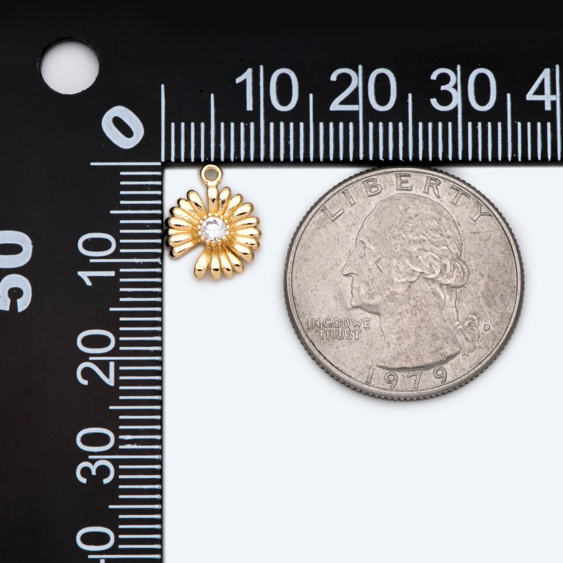 4pcs Gold CZ Pave Daisy Charms 12x10mm, 18K Real Gold plated Brass, Flower Pendants (GB-321-E)