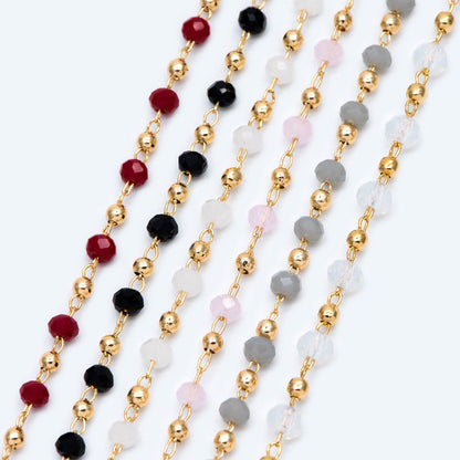 Gold Crystal Beaded Chains, Gold plated Brass Cable Chain, 3mm Glass Rondelles with 2mm Gold Round Beads (#LK-200)/ 1 Meter=3.3 ft