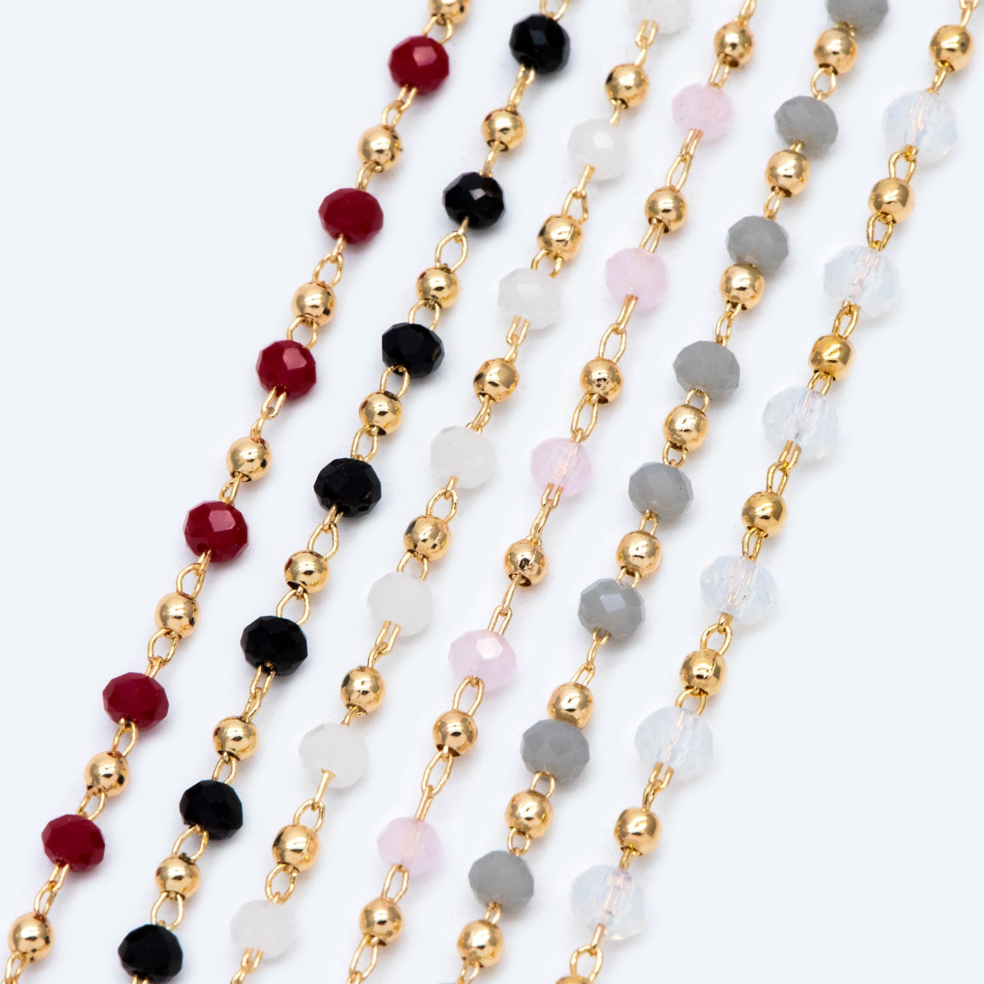 Gold Crystal Beaded Chains, Gold plated Brass Cable Chain, 3mm Glass Rondelles with 2mm Gold Round Beads (#LK-200)/ 1 Meter=3.3 ft