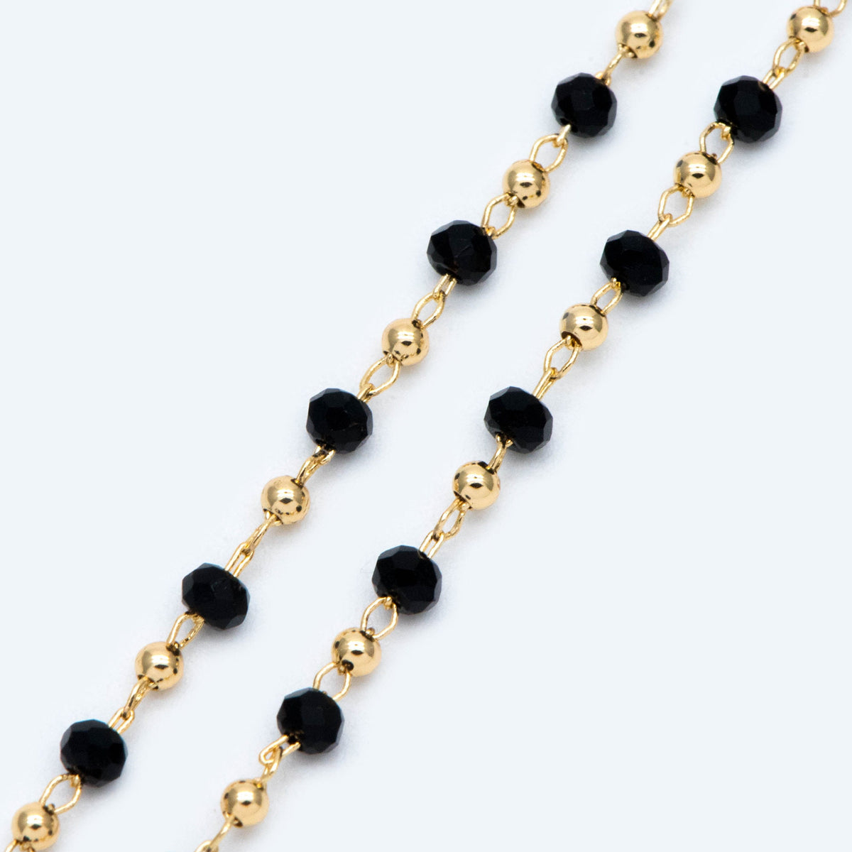 Gold Crystal Beaded Chains, Gold plated Brass Cable Chain, 3mm Glass Rondelles with 2mm Gold Round Beads (#LK-200)/ 1 Meter=3.3 ft