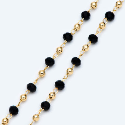 Gold Crystal Beaded Chains, Gold plated Brass Cable Chain, 3mm Glass Rondelles with 2mm Gold Round Beads (#LK-200)/ 1 Meter=3.3 ft