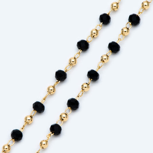 Gold Crystal Beaded Chains, Gold plated Brass Cable Chain, 3mm Glass Rondelles with 2mm Gold Round Beads (#LK-200)/ 1 Meter=3.3 ft