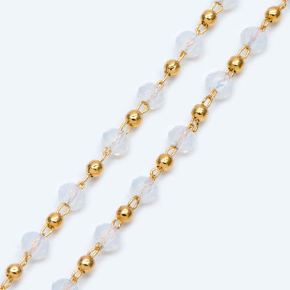 Gold Crystal Beaded Chains, Gold plated Brass Cable Chain, 3mm Glass Rondelles with 2mm Gold Round Beads (#LK-200)/ 1 Meter=3.3 ft