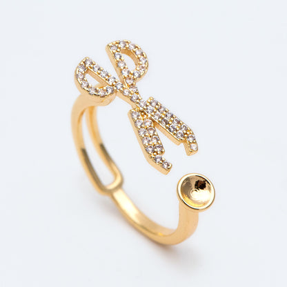4pcs CZ Pave Gold Scissor Ring With Peg For Pearls Beads, Ring Finding (#GB-2247)