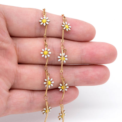 Enamel Flower Chain, Daisy Chain, Unplated Raw Brass Designer Chain 6mm, White Enamel Flowers (#LK-478-1)/ 1 Meter=3.3ft