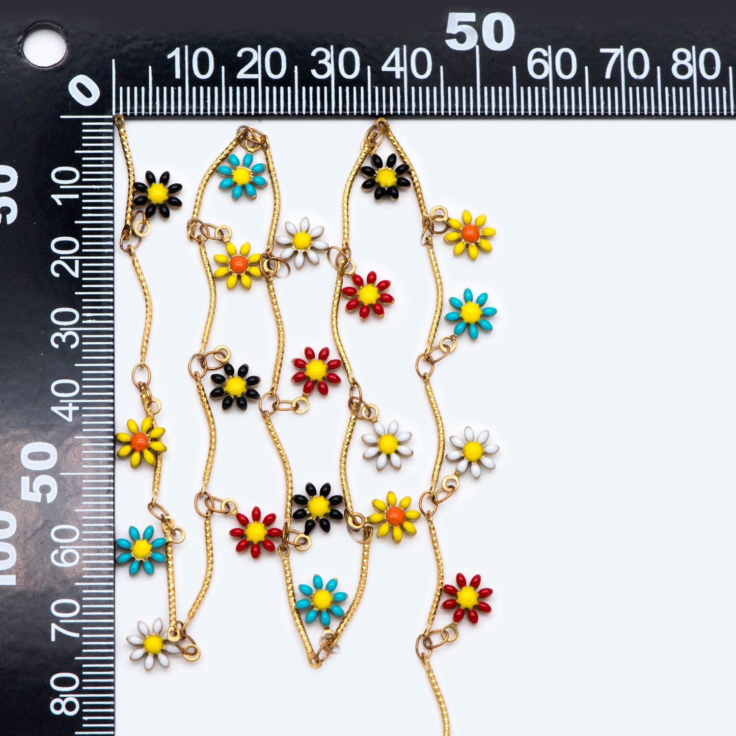 Vintage Styled Enamel Daisy Chain, Unplated Raw Brass Designer Chain 6mm, Rainbow Enamel Flowers (#LK-478-2)/ 1 Meter=3.3ft