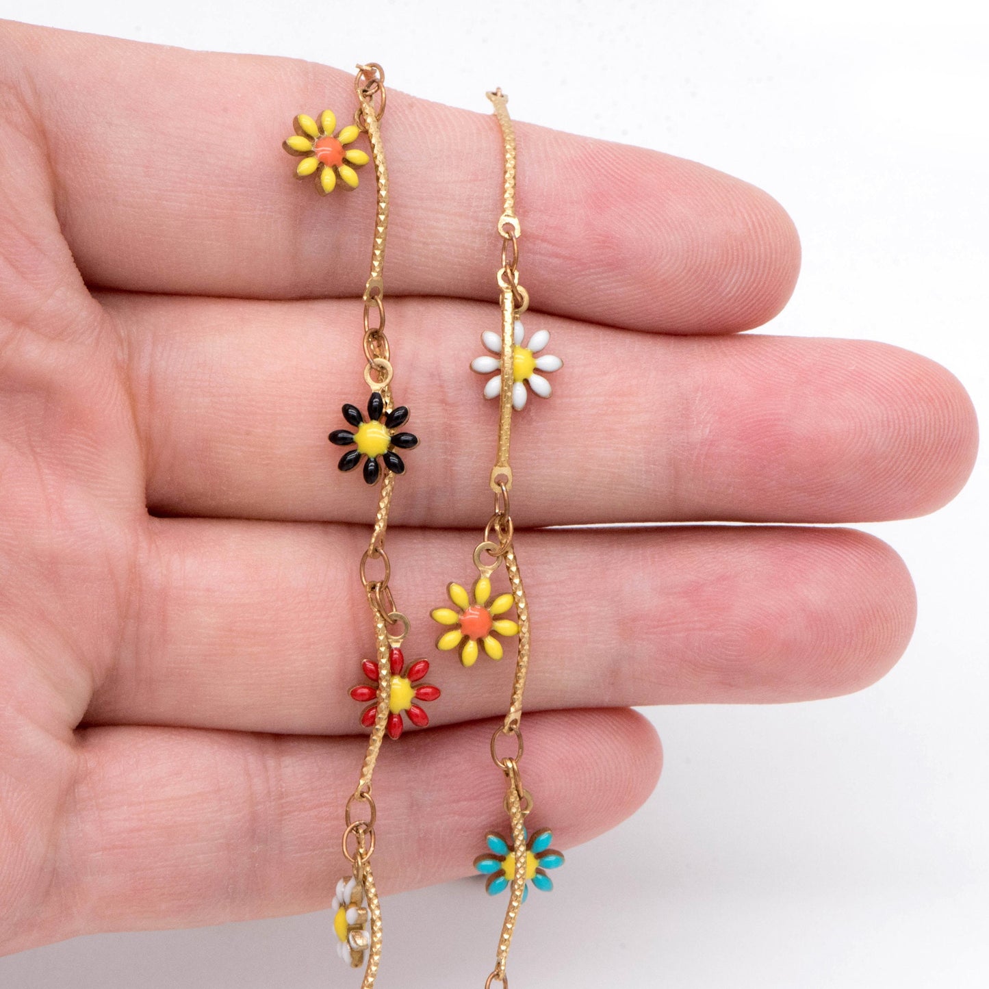 Vintage Styled Enamel Daisy Chain, Unplated Raw Brass Designer Chain 6mm, Rainbow Enamel Flowers (#LK-478-2)/ 1 Meter=3.3ft