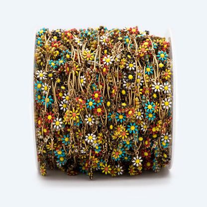 Vintage Styled Enamel Daisy Chain, Unplated Raw Brass Designer Chain 6mm, Rainbow Enamel Flowers (#LK-478-2)/ 1 Meter=3.3ft