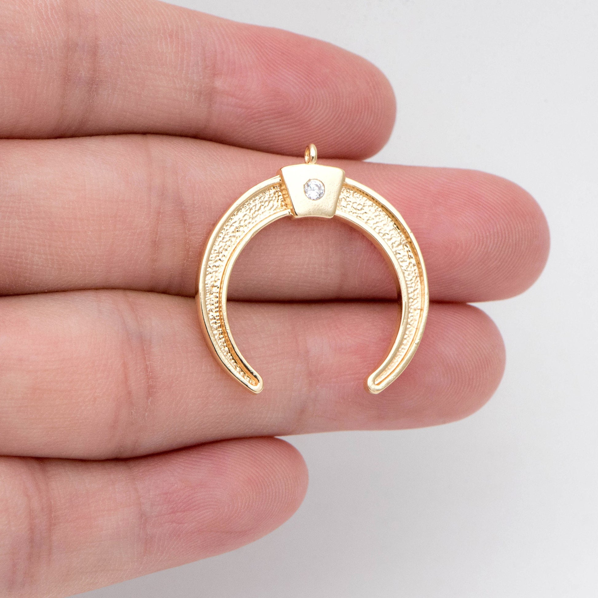 10pcs CZ pave Gold Crescent Moon Charms 15mm, 18K Gold plated Brass, OX Horn Pendant (GB-618-K)