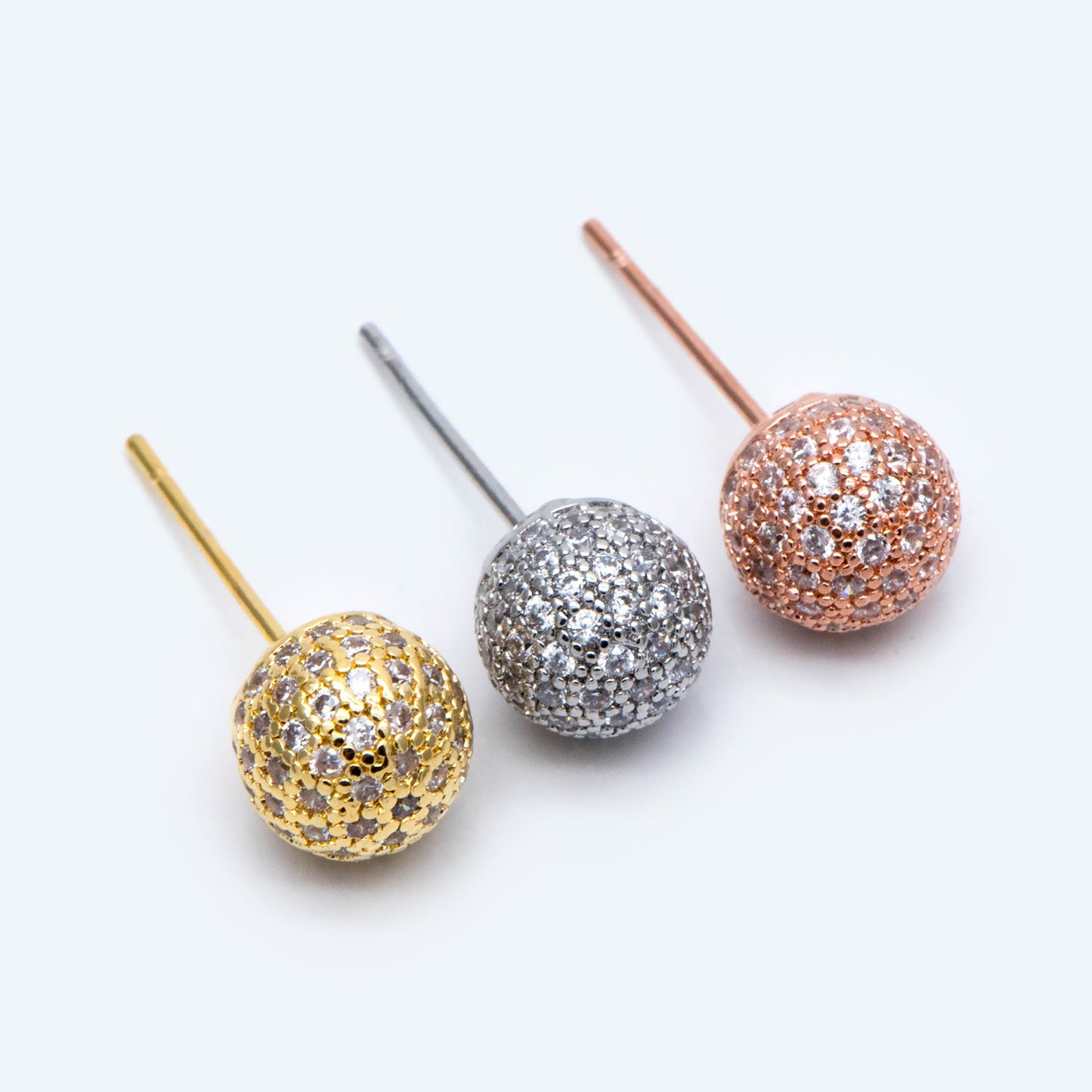 4pcs Ball Stud Earrings 8mm, Gold/ Silver/ Rose Gold, CZ pave Round Earrings (GB-2149)