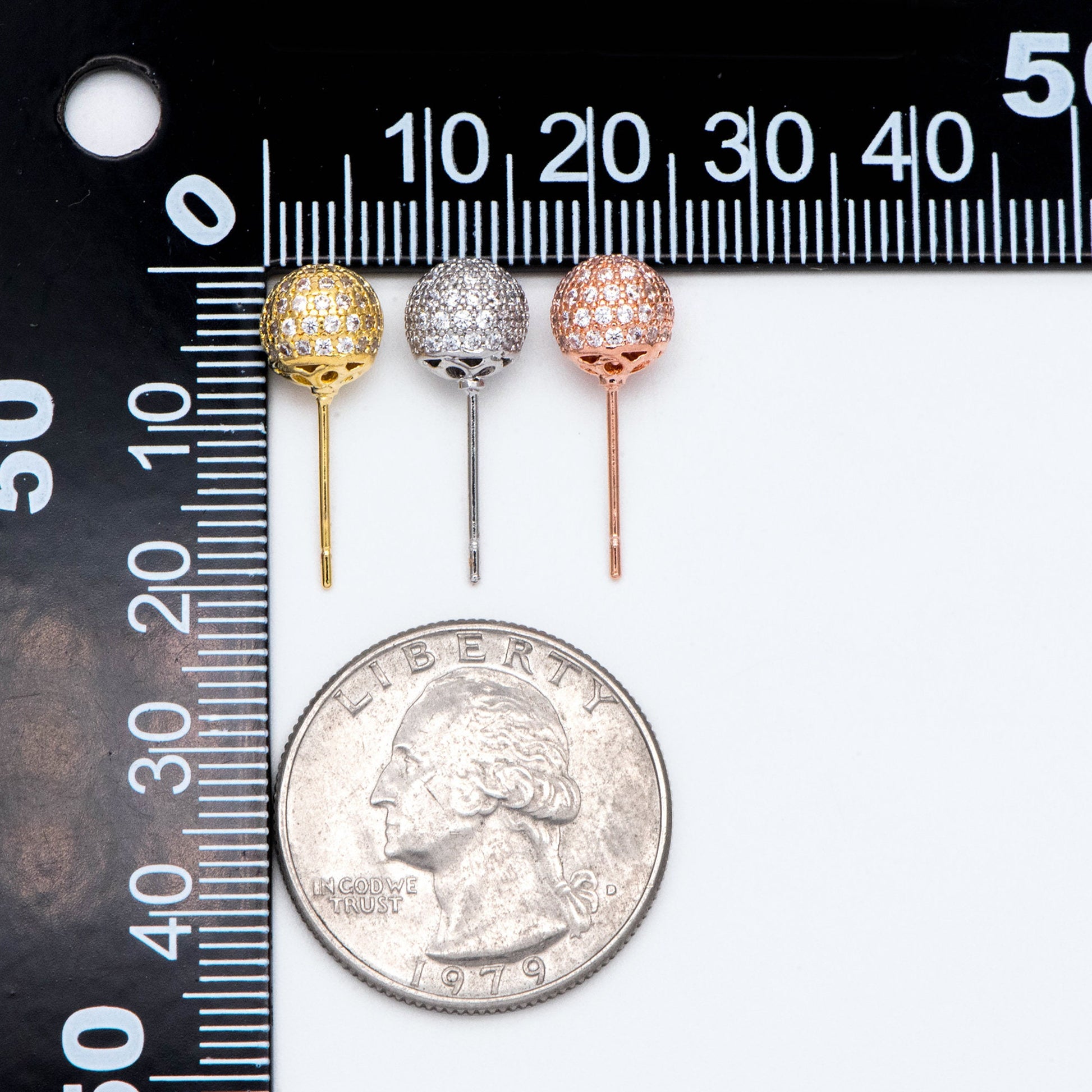 4pcs Ball Stud Earrings 8mm, Gold/ Silver/ Rose Gold, CZ pave Round Earrings (GB-2149)