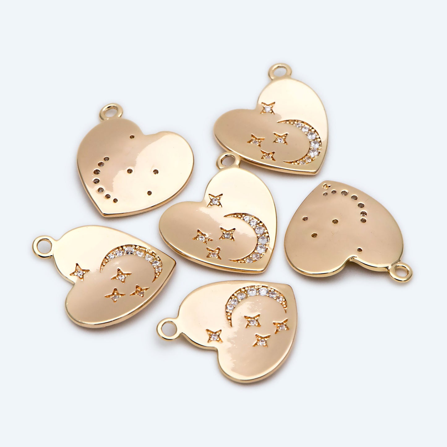 4pcs CZ pave Heart Charms, 18K Gold plated Brass, Heart Pendants with Star and Moon (GB-2277)