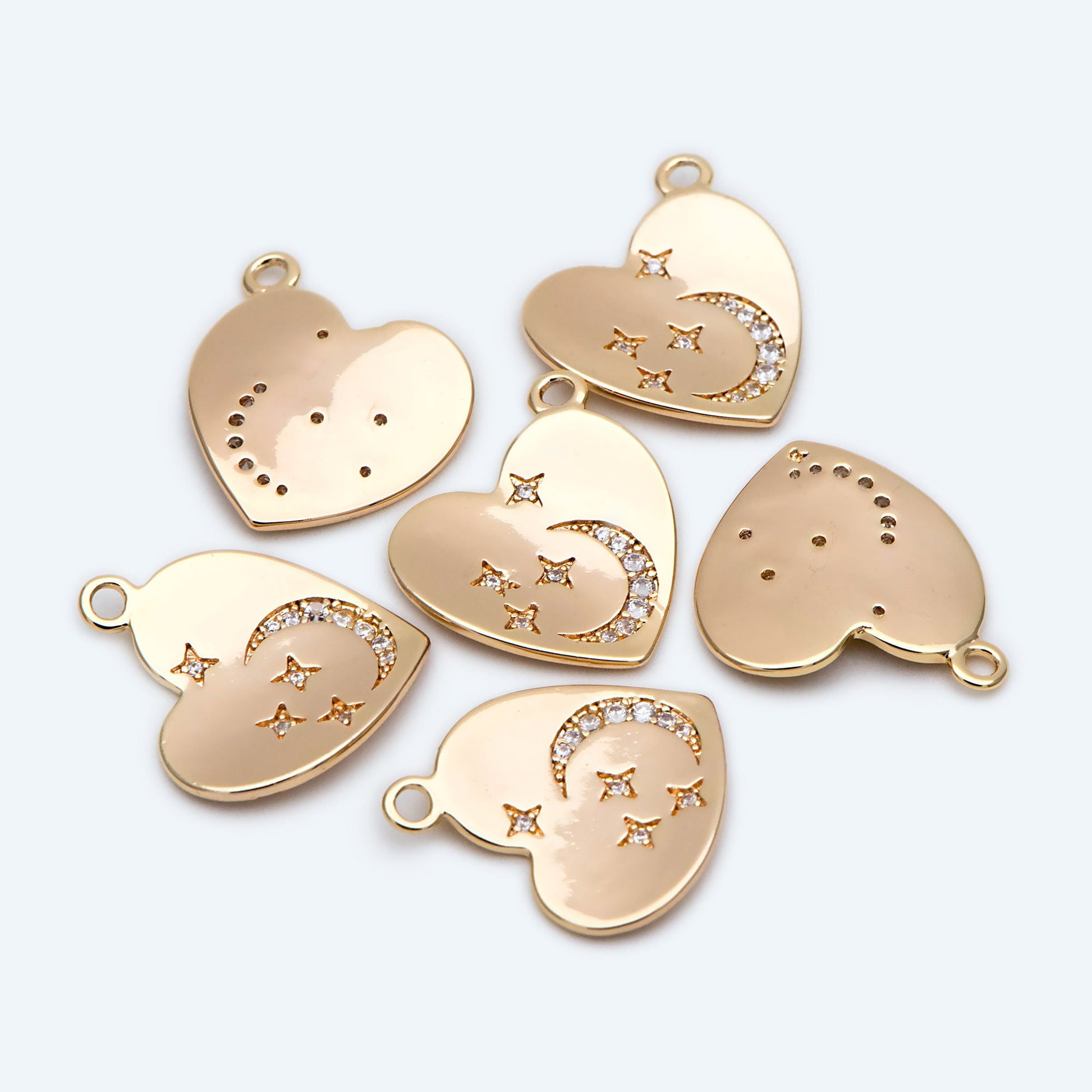 4pcs CZ pave Heart Charms, 18K Gold plated Brass, Heart Pendants with Star and Moon (GB-2277)