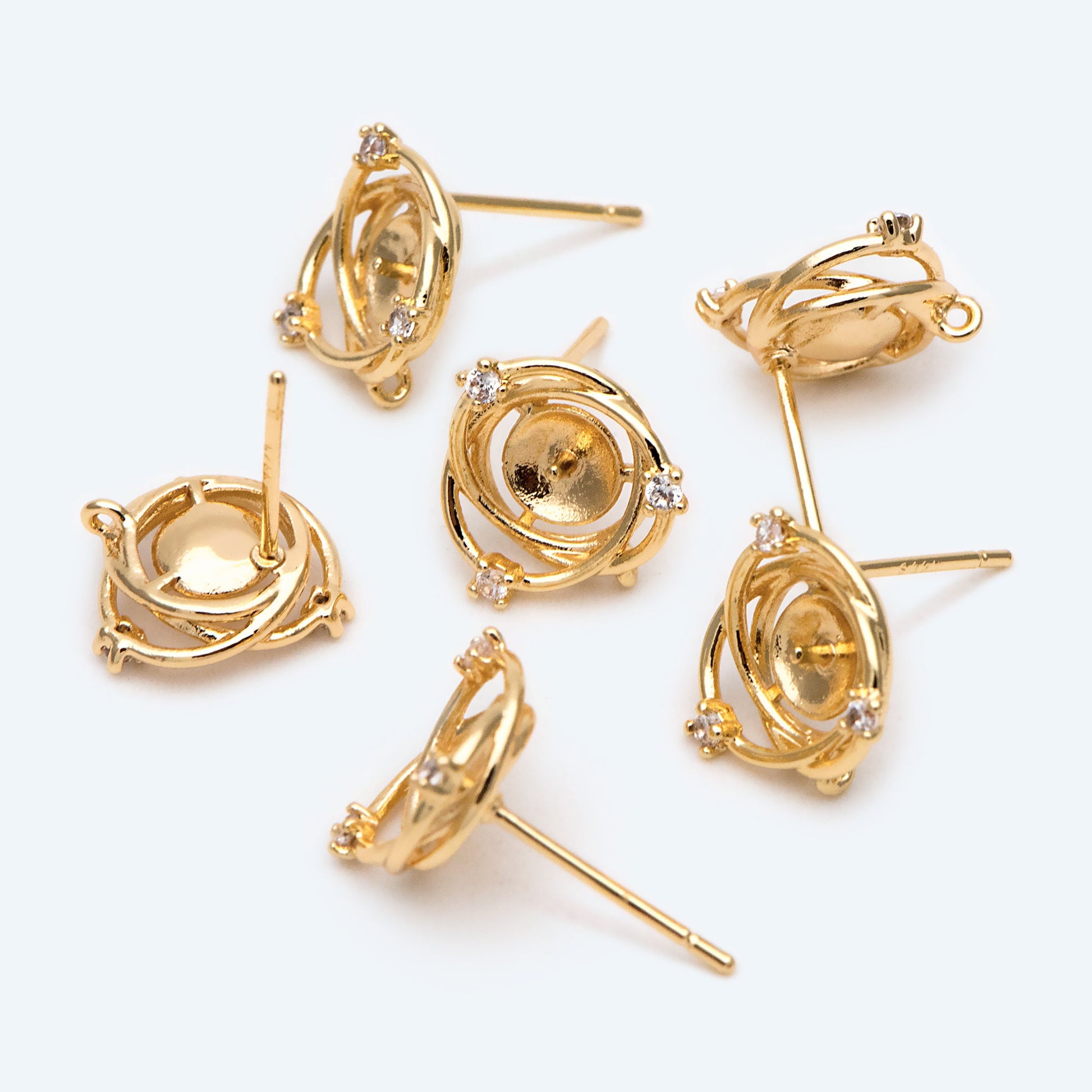 4pcs Gold/ Silver Stud Earring Findings, Pearl Peg Earring Mounts,Half Drilled Pearl Post Earring Settings (GB-2284)