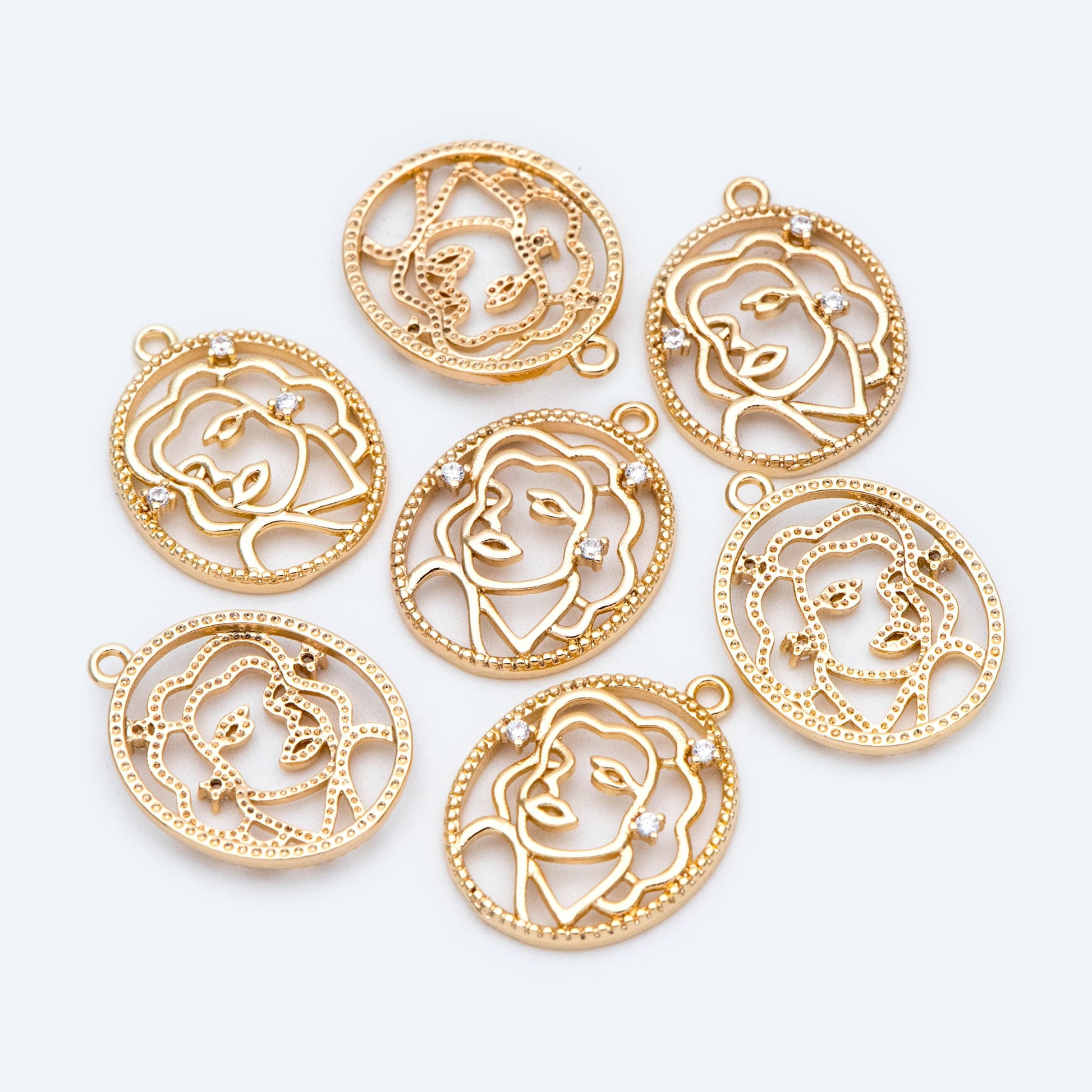 10pcs Gold Oval Beauty Face Pendants, Real 18K Gold plated Brass, Hollow Face Charm (GB-2240)