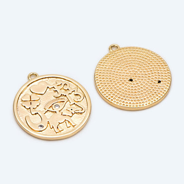 4pcs CZ Pave Round Coin Charms 20x22mm, 18K Gold plated Brass Disc Pendants, with Eye/ Elephant/ Clover/ Heart Symbol (GB-1766-D)