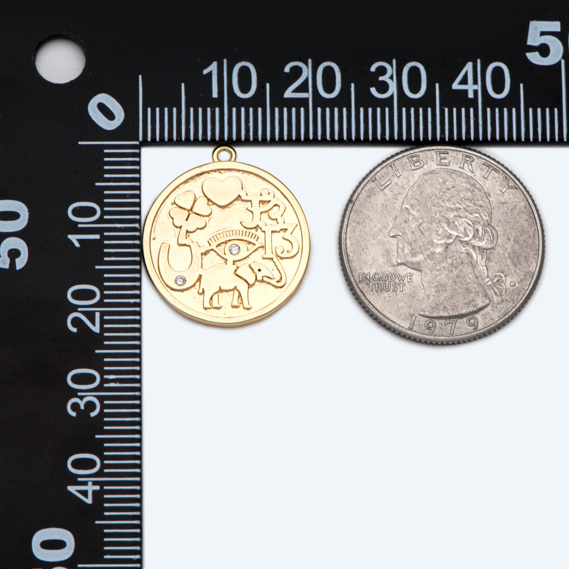 4pcs CZ Pave Round Coin Charms 20x22mm, 18K Gold plated Brass Disc Pendants, with Eye/ Elephant/ Clover/ Heart Symbol (GB-1766-D)