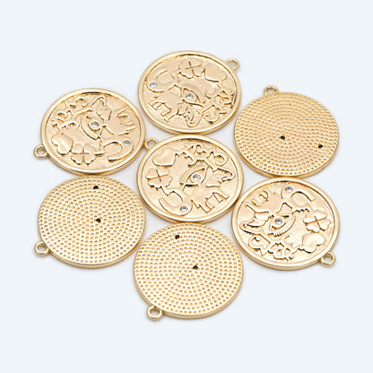 4pcs CZ Pave Round Coin Charms 20x22mm, 18K Gold plated Brass Disc Pendants, with Eye/ Elephant/ Clover/ Heart Symbol (GB-1766-D)