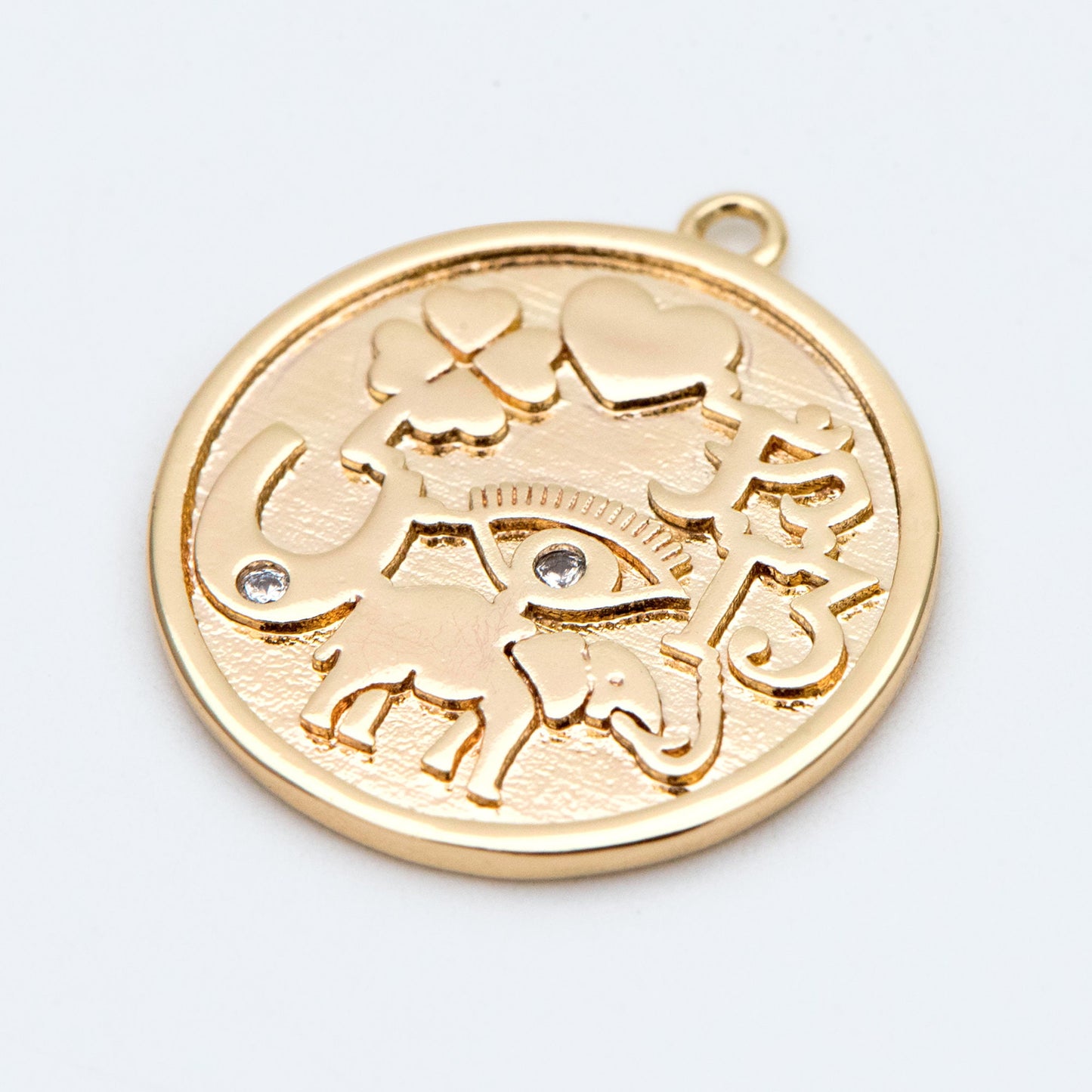 4pcs CZ Pave Round Coin Charms 20x22mm, 18K Gold plated Brass Disc Pendants, with Eye/ Elephant/ Clover/ Heart Symbol (GB-1766-D)