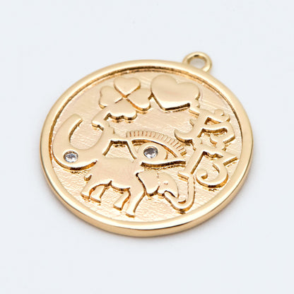 4pcs CZ Pave Round Coin Charms 20x22mm, 18K Gold plated Brass Disc Pendants, with Eye/ Elephant/ Clover/ Heart Symbol (GB-1766-D)