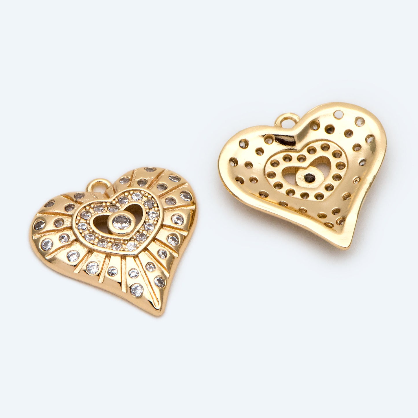 4pcs CZ Pave Gold Heart Pendants: 18K Gold Plated Brass Charms 15mm, (GB-4409-D)