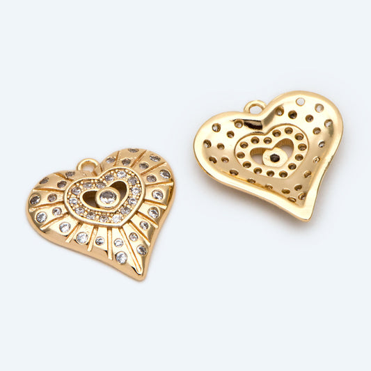 4pcs CZ Pave Gold Heart Pendants: 18K Gold Plated Brass Charms 15mm, (GB-4409-D)