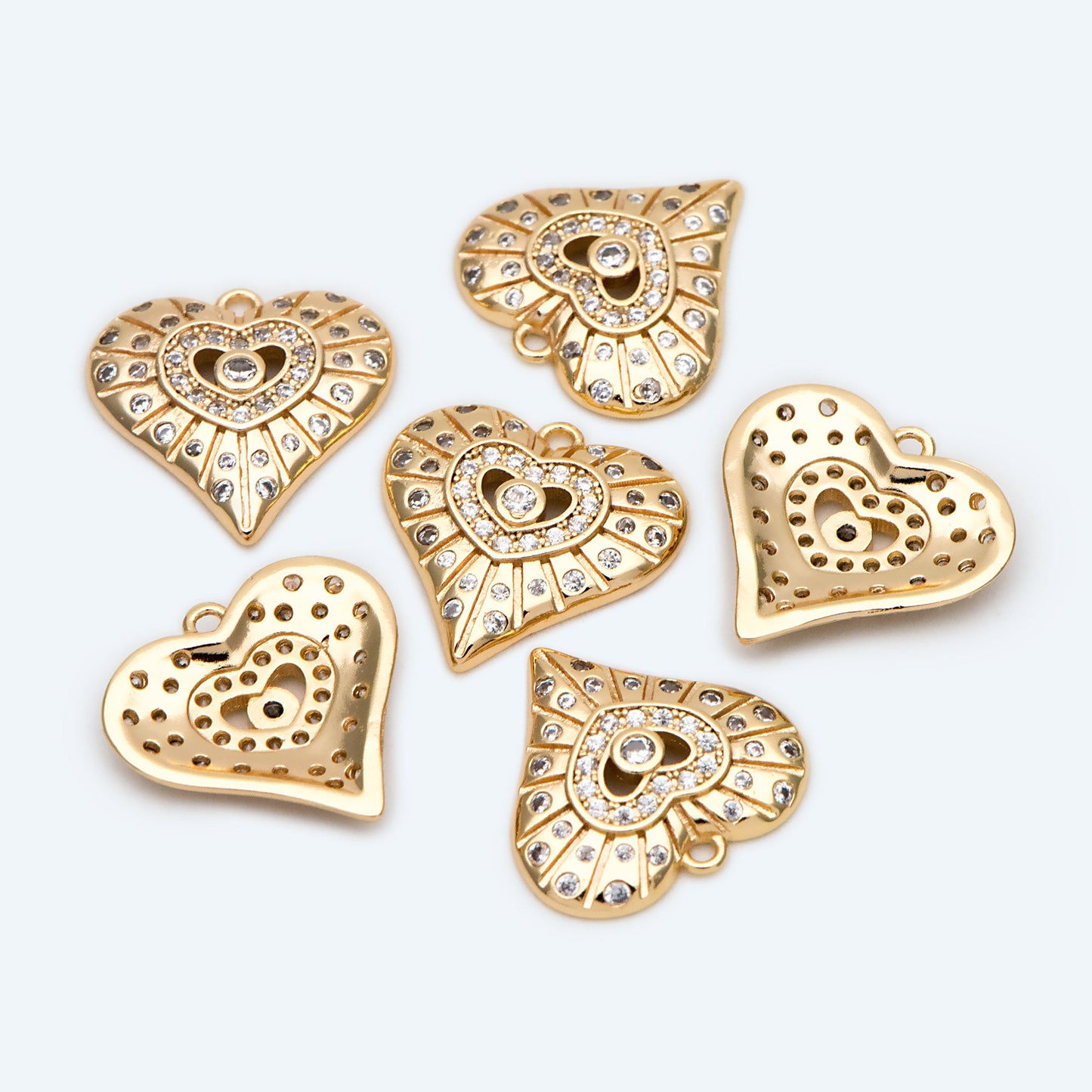 4pcs CZ Pave Gold Heart Pendants: 18K Gold Plated Brass Charms 15mm, (GB-4409-D)