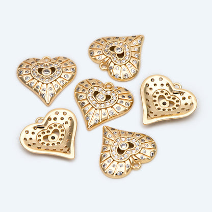 4pcs CZ Pave Gold Heart Pendants: 18K Gold Plated Brass Charms 15mm, (GB-4409-D)