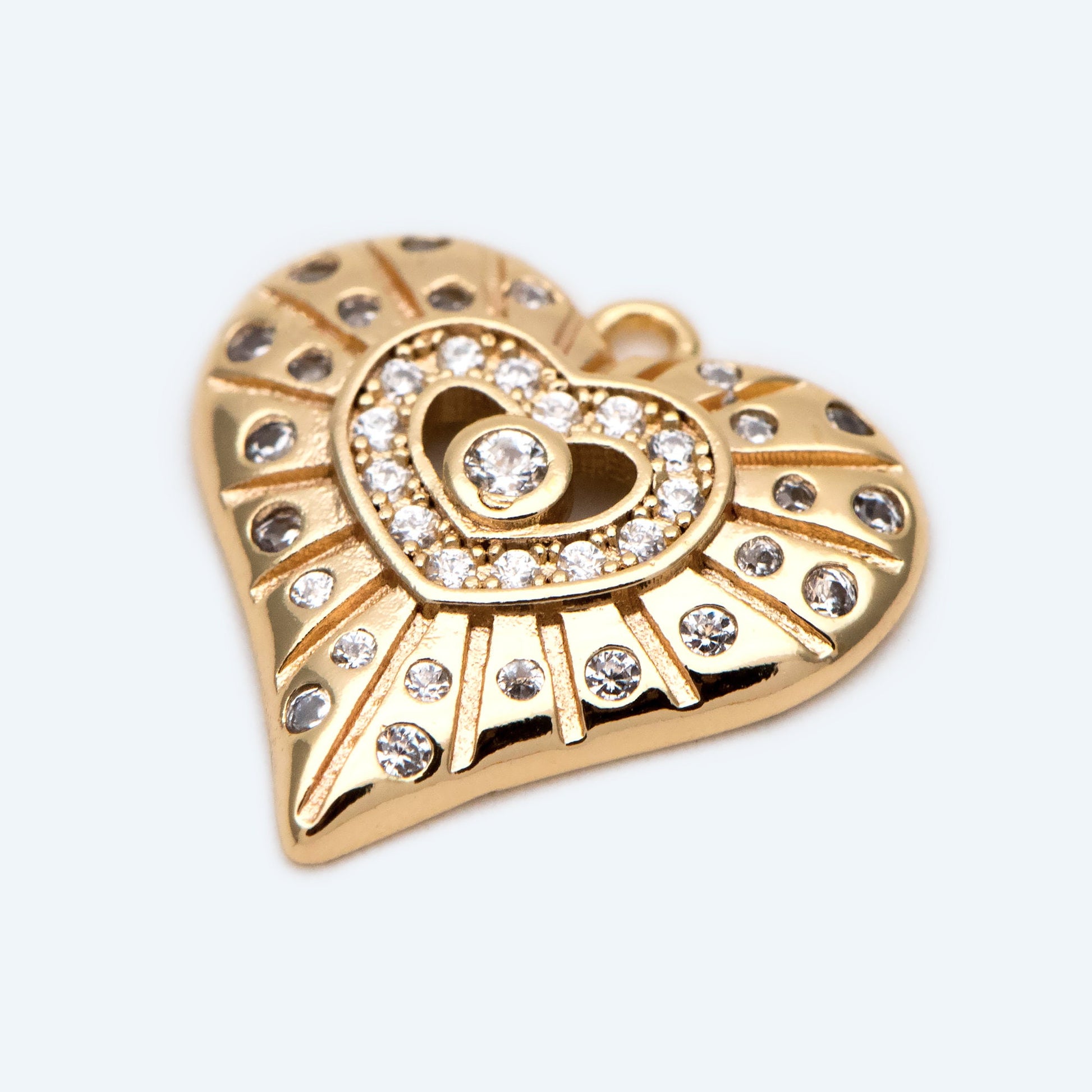 4pcs CZ Pave Gold Heart Pendants: 18K Gold Plated Brass Charms 15mm, (GB-4409-D)